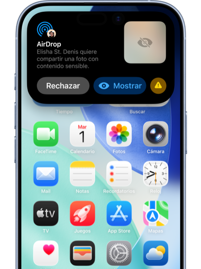 Una notificación de AirDrop ofrece al usuario la opción de aceptar o rechazar una imagen que se muestra difuminada.