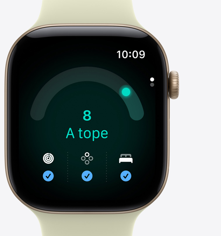 Apple Watch Series 12, caja de aluminio, color dorado claro, app Disposición, puntuación de disposición de 8, mensaje «A tope», anillos de Actividad, Constantes Vitales y datos de Calidad del Sueño con una marca de verificación azul en la parte inferior de la pantalla