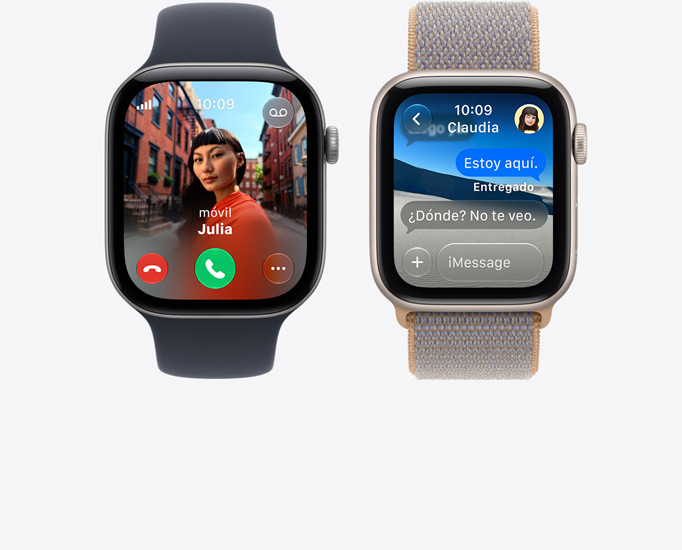 Dispositivos Apple Watch Series 12, pantallas: llamada entrante, foto de contacto, botones de aceptar y rechazar llamada, conversación de iMessage, con correa deportiva, color negro, correa Loop deportiva, color azul chambray (azul claro-gris)