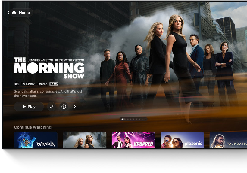 Taulutelevisio, jossa näkyy Apple TV -apin Koti-valikko