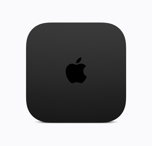Apple TV 4K, svart, sedd ovanifrån, blank svart Apple TV-logotyp
