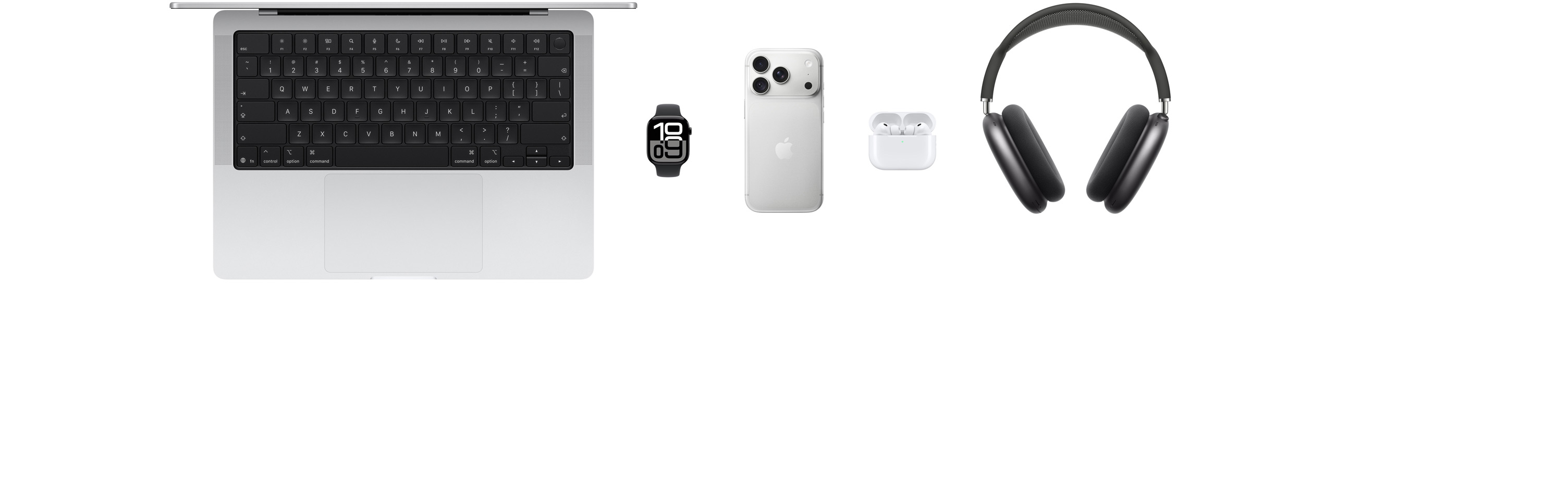 Verschiedene Apple Produkte, darunter ein MacBook Pro, eine Apple Watch Series 12, ein iPhone 18 Pro, AirPods Pro 3 und AirPods Max