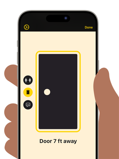 An illustrated iPhone showing a closed door on the screen, with details about how far away it is.