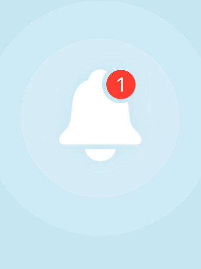 A notification icon of a bell with a solid red circle next to it and the number '1' in the middle. Sound waves radiate out from the bell.