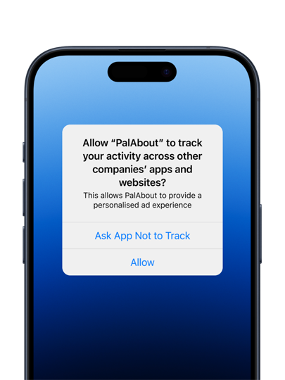 An iPhone shows a notification requesting the user to grant permission for an app to track them.
