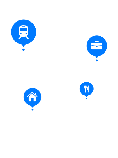 A hand symbol surrounded by mini icons (transport, jobs, restaurants, home).