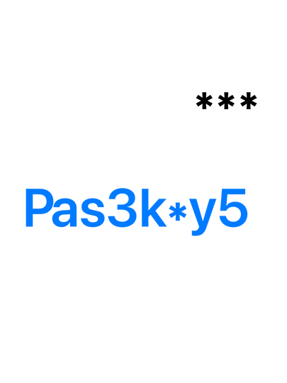 A typographic visual reading 'Replace password with passkeys' with the characters made to look encrypted.