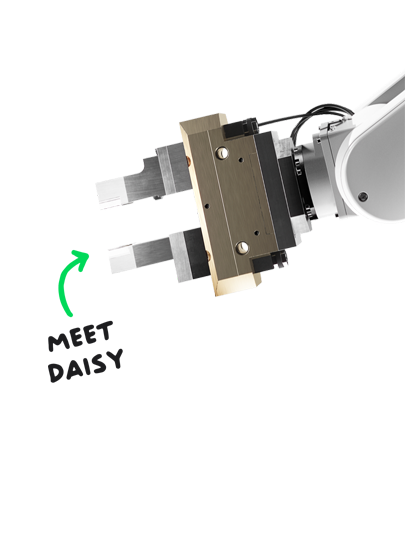 The futuristic hand and arm of one of Apple’s pioneering disassembly robots. An illustrated arrow points to it with the handwritten caption ‘Meet Daisy’ next to it.