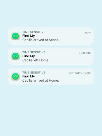 Notifications from Find My on iPhone, detailing a family’s movements like “Cecilia arrived at school”, “Cecilia left home”, “Cecilia arrived at home”.