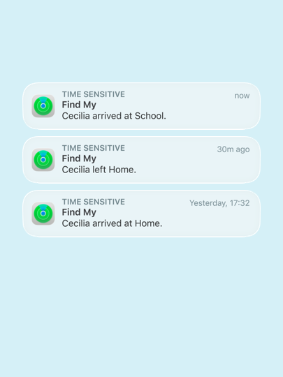 Notifications from Find My on iPhone, detailing a family’s movements like “Cecilia arrived at school”, “Cecilia left home”, “Cecilia arrived at home”.