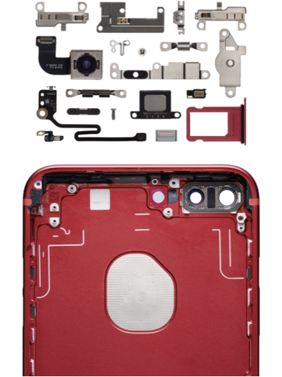 A dismantled iPhone is laid out, displaying many of the individual components.