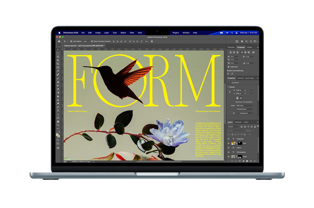 Création d’une illustration de couverture de revue scientifique dans Adobe Photoshop sur l’écran d’un MacBook Air