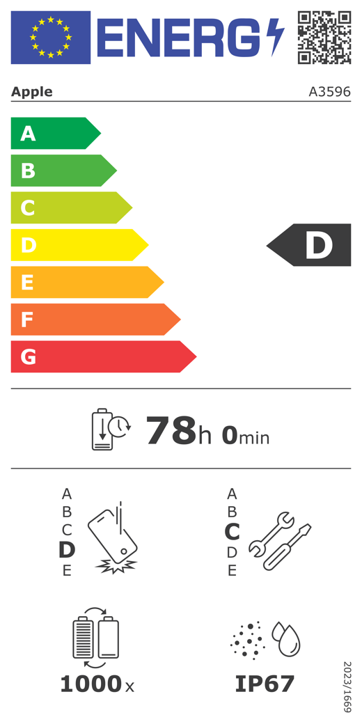 EU-energielabel, QR-code en informatie, Apple model A3596, klasse D, energie-efficiëntieklassen (met schaal van A tot G), A (meest efficiënt) tot G (minst efficiënt), batterijduur per cyclus, 78 uur en 0 minuten per keer volledig opladen, betrouwbaarheidsklasse D bij herhaaldelijke vrije val, A (meest robuust) tot E (minst robuust), repareerbaarheidsklasse C, A (gemakkelijkst repareerbaar) tot E (moeilijkst repareerbaar), levensduur batterij 1000 cycli, classificatie IP67 voor bescherming tegen binnendringen van stof en water (IP), verordening 2023/1669