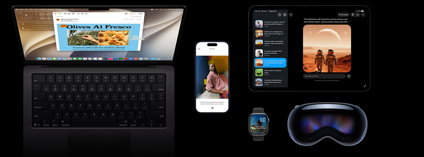 Apple Intelligence auf iOS Geräten, fünf Produkte: iPhone 17 Pro in Tiefblau, Apple Vision Pro, Apple Watch Series 11 42 mm in Space Grau, MacBook Pro 14 Zoll in Space Schwarz und iPad Pro 11 Zoll in Space Schwarz.