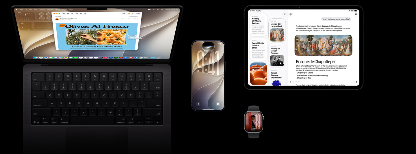 Siri AI auf iOS Geräten, vier Produkte: iPhone 17 Pro in Tiefblau, Apple Watch Series 11 42 mm in Space Grau, MacBook Pro 14 Zoll in Space Schwarz und iPad Pro 11 Zoll in Space Schwarz.