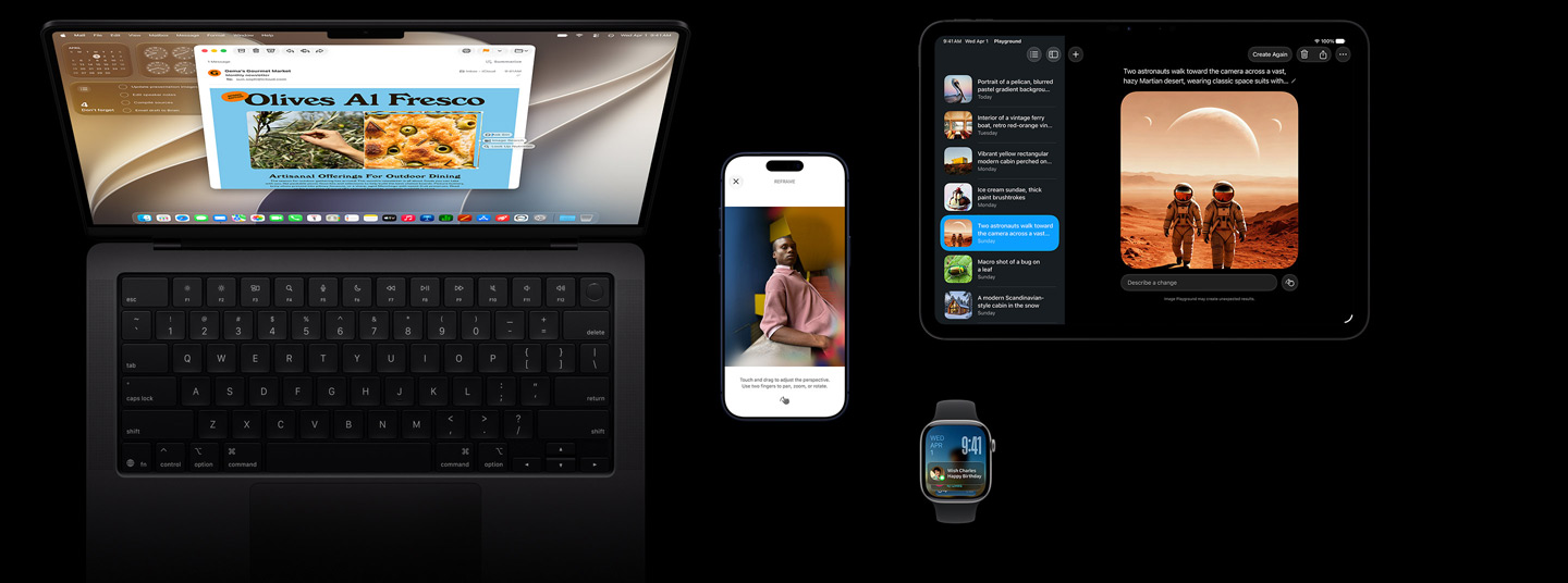Apple Intelligence op iOS-devices, vier producten, iPhone 17 Pro Diepblauw, Apple Watch Series 11 42-mm Spacegrijs, 14-inch MacBook Pro Spacezwart en 11-inch iPad Pro Spacezwart.