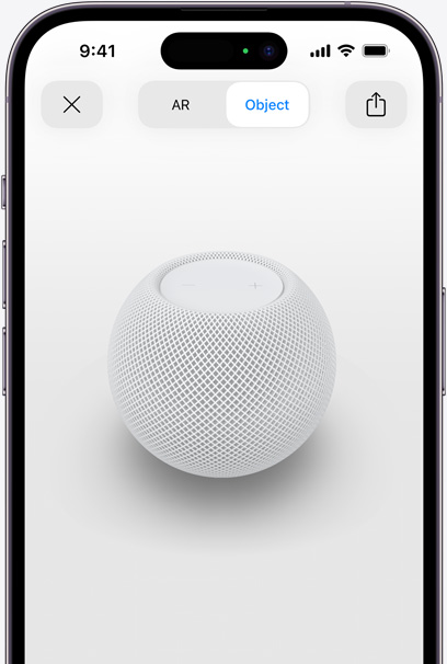 Der HomePod in Weiß auf dem Display eines iPhone in AR Ansicht.