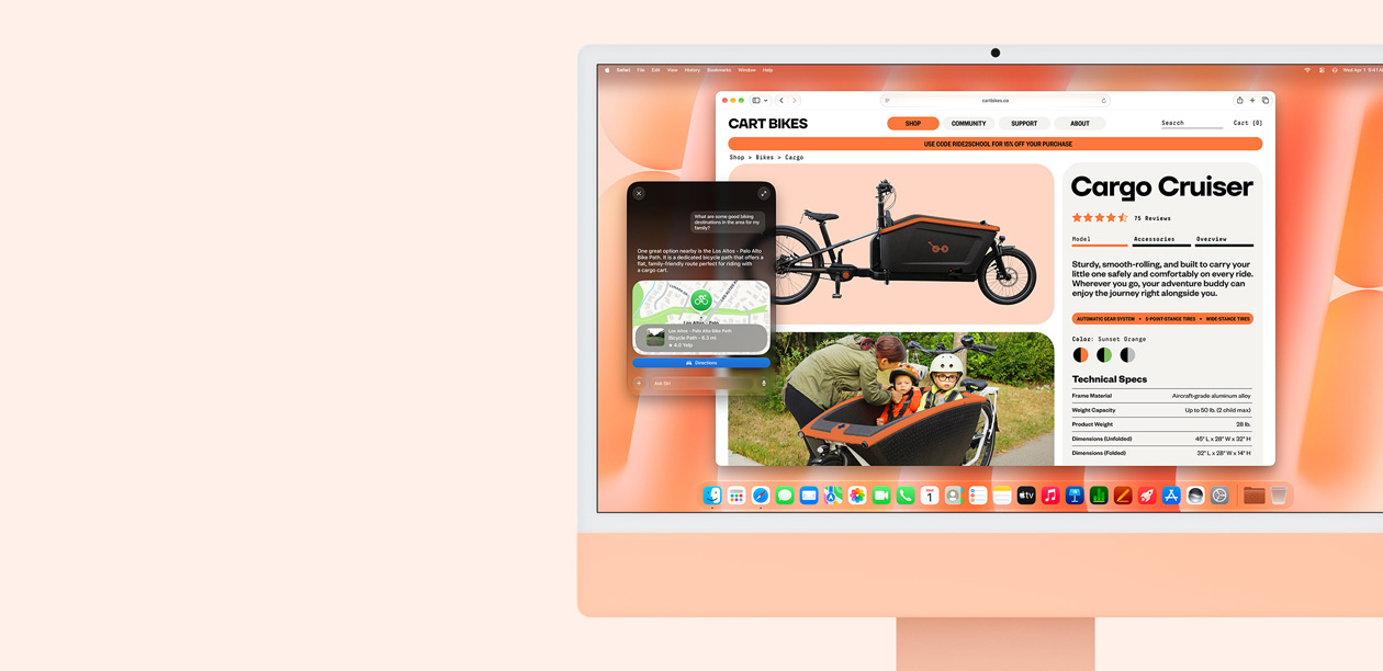 iMac, face avant, couleur orange, affichant une conversation Siri AI pour des recommandations d’itinéraires à vélo, et le navigateur Safari avec un site web à propos du vélo