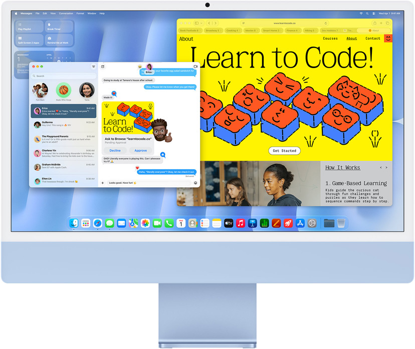 Voorkant van iMac in de kleur blauw, met op het scherm de Berichten-app en een website over leren programmeren