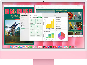 Voorkant van iMac in de kleur roze, meerdere geopende apps met een inventarisweergave, een ontwerp voor een catalogus over vliegvissen en een bedrijfsdashboard
