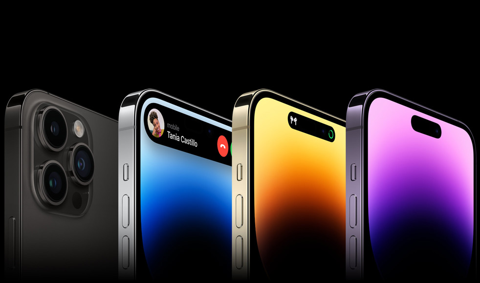 Four iPhone 14 Pro models display four states of Dynamic Island, each utilizing a different app.