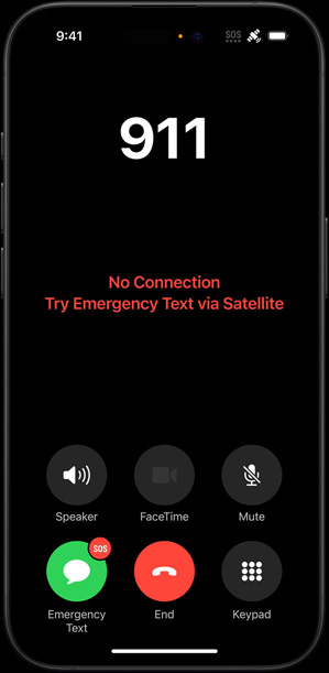 Un iPhone affichant le message : Aucune connexion. Essayez d’envoyer un message d’urgence par satellite.