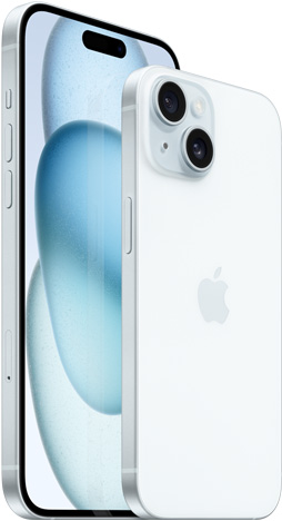 Vorderansicht des 6,7" iPhone 15 Plus und Rückansicht des 6,1" iPhone 15 in Blau.