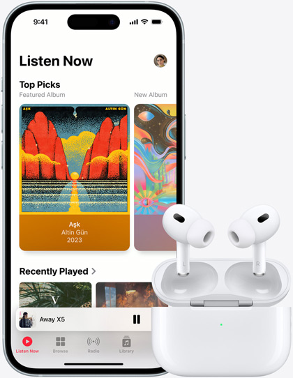 iPhone 15 playing music next to airpods