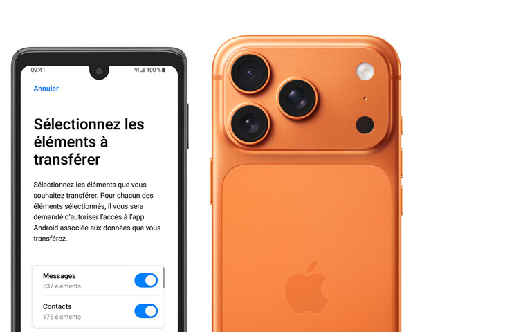 Côte à côte, écran Android affichant l’app Migrer vers iOS, iPhone 17 Pro, face arrière, système caméra Pro Fusion, 3 objectifs, micro, flash