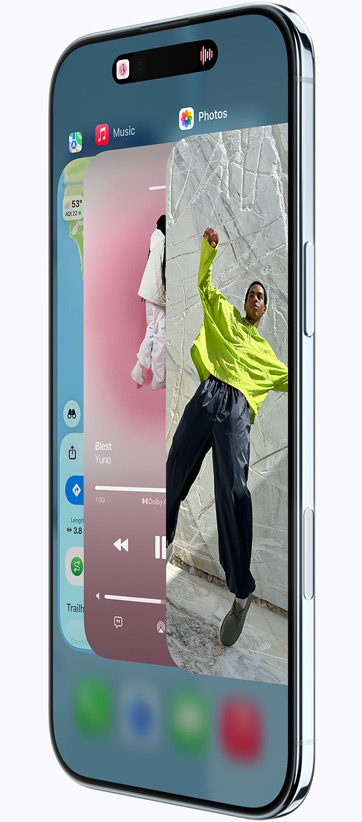 iPhone Air, front exterior, side exterior, with Maps, Music and Apple TV+ apps, showcasing the App Switcher feature in use