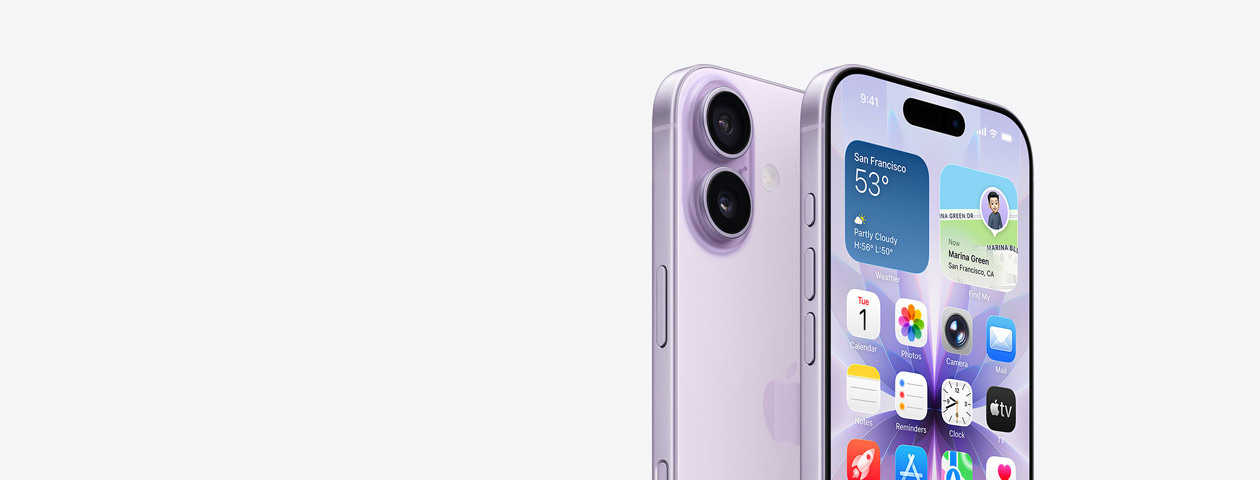 iPhone 17 in Lavendel, Vorderseite mit teilweise angezeigtem Homescreen, Seitenansicht zeigt Actiontaste und Lautstärketasten. Rückseite mit Dual Fusion Kamera-System oben links, Taste zur Kamerasteuerung