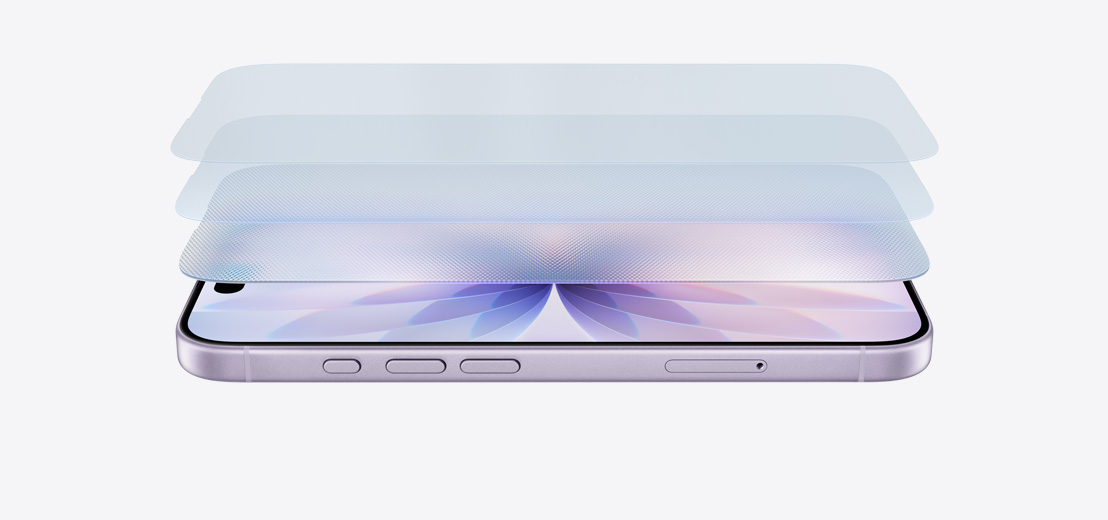 iPhone 17 en finition lavande, à l’horizontale, avec un schéma en plusieurs couches illustrant le Ceramic Shield 2