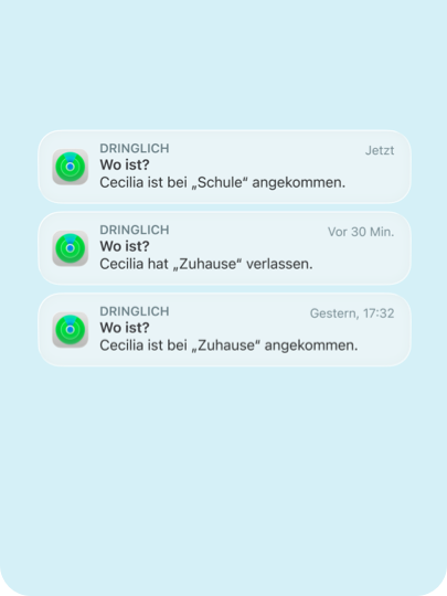 Mitteilungen von „Wo ist?“ auf dem iPhone, mit denen die Bewegungen eines Familienmitglieds wie „Cecilia ist bei ,Schule‘ angekommen“, „Cecilia hat ,Zuhause‘ verlassen“, „Cecilia ist bei ,Zuhause‘ angekommen“ angezeigt werden.
