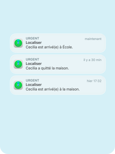 Notifications de Localiser sur iPhone, qui répertorient les mouvements d’une famille, comme « Cecilia est arrivée à l’école », « Cecilia a quitté la maison », « Cecilia est rentrée à la maison ».