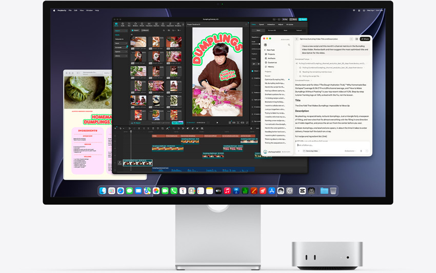 Mac mini front, tucked under Studio Display, screen shows Perplexity Personal Computer, CapCut, and Pages running in macOS environment