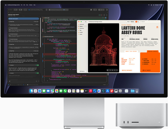 Studio Display XDR, das Display zeigt ein Dokument in Claude Agent in XCode, Mac Studio, Vorderansicht