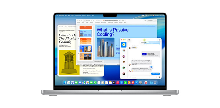 Demonstration von Apps wie Microsoft PowerPoint, Nachrichten und Pages auf dem 14" MacBook Pro.