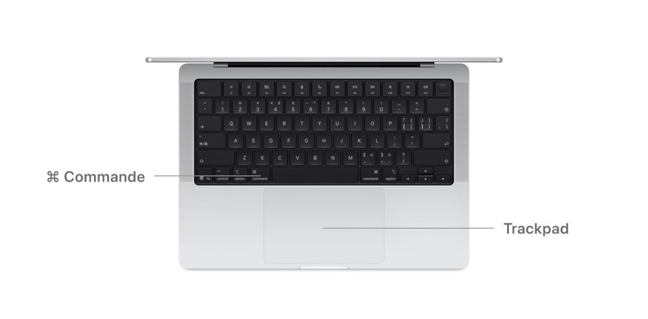 Vue du dessus d’un MacBook Pro 14″ avec des lignes indiquant l’emplacement de la touche Commande et du trackpad.