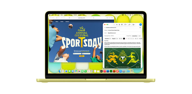 Dimostrazione di app come Microsoft PowerPoint, Messaggi e Pages su MacBook Pro 14 pollici.