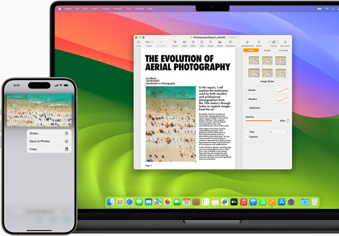 Una persona copia una imagen en un iPhone y la pega en un documento en un MacBook Pro