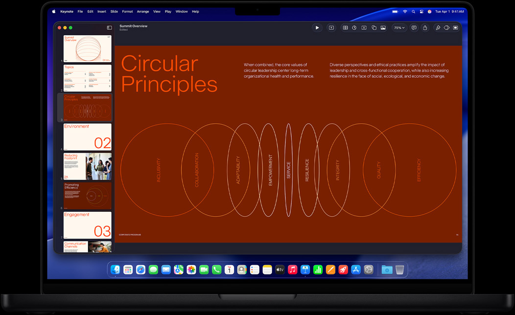  Scherm van een MacBook Pro met een Keynote-presentatie die wordt gemaakt voor een zakelijke conferentie
