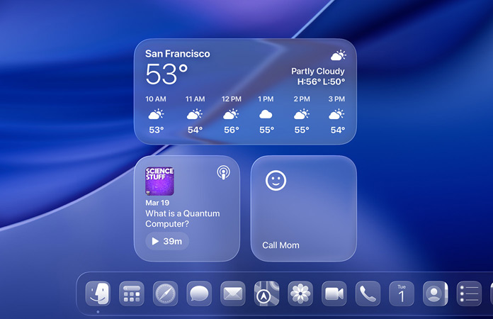 Liquid Glass-widgets Weer, Podcasts en Herinneringen op macOS Tahoe-scherm