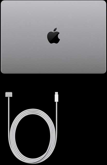 MacBook Pro with PROLED XDR Display, silver colour, top, closed, USB‑C charging cable and power adapter