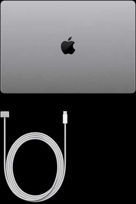 MacBook Pro with PROLED XDR Display, silver colour, top, closed, USB‑C charging cable and power adapter