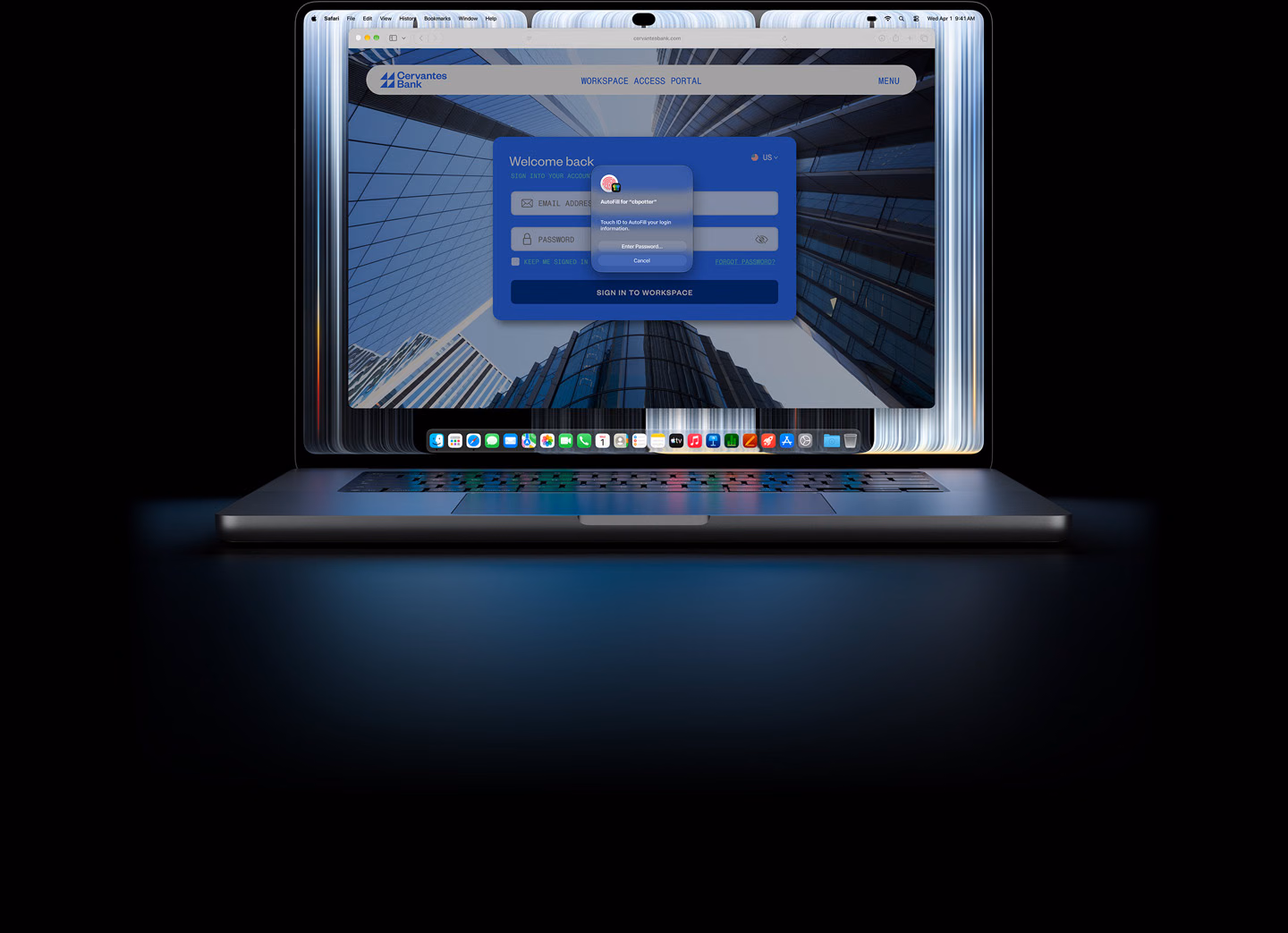 MacBook Pro met PROLED XDR-display, in een klein Safari-venster staat een vraag om Touch ID te gebruiken of inloggegevens in te voeren om in te loggen op een website
