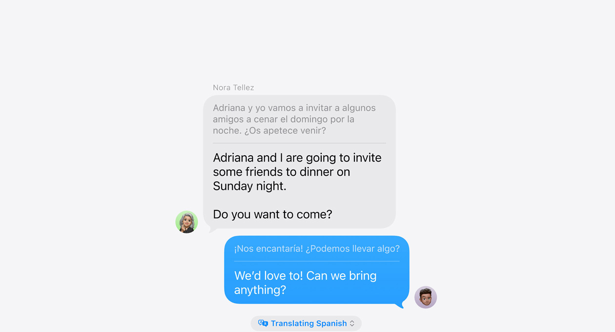 Traduction en direct dans Messages, montrant un exemple de traduction automatique de l’espagnol vers l’anglais