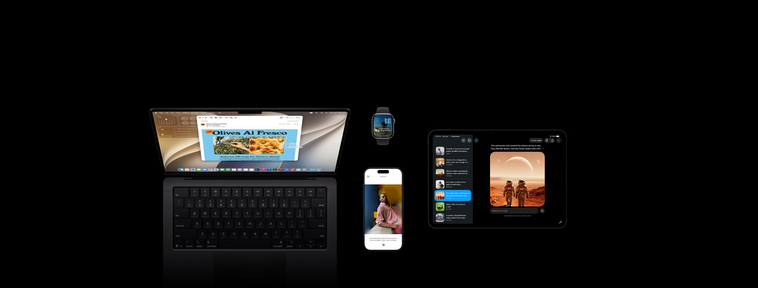 Fyra produkter: iPhone 17 Pro i djupblått som visar bildredigeringsverktyget Byt perspektiv med en bild av en person som står lutad mot en disk, en 46 mm Apple Watch Series 11 i rymdgrått som visar datumet och låsskärmen med en påminnelse om en födelsedag i kalendern i den smarta traven, en 14-tums MacBook Pro i rymdsvart som visar en demonstration av visuell intelligens med en skärmavbild av ett focacciabröd med oliver från ett mejl och flera promptar om bilden samt en 11-tums iPad Pro i rymdsvart som visar Image Playground med en bild av två astronauter valda från en lista i sidofältet