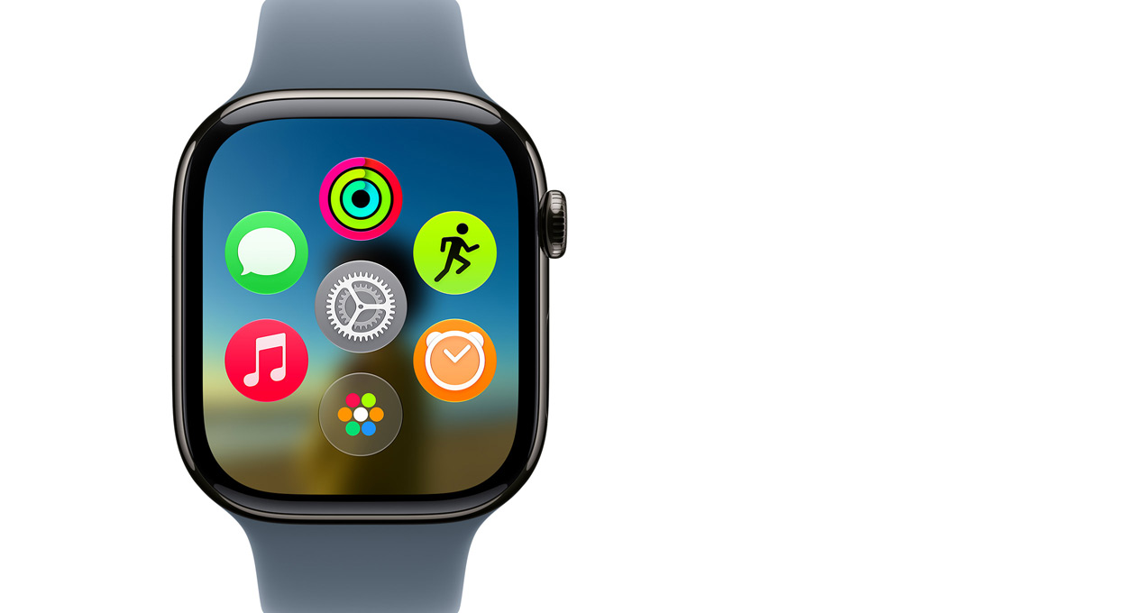 Apple Watch Series 11, Titan Schiefer, das Display zeigt das dynamische App Raster