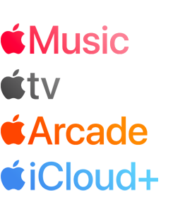 En lista på Apple-tjänster: Apple Music, Apple TV, Apple Arcade och Apple iCloud Plus
