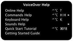 Instantané du menu Aide VoiceOver. Un panneau avec un fond noir et du texte en blanc, intitulé Aide VoiceOver. De haut en bas, ce menu Aide inclut les éléments suivants : Aide en ligne,  Aide Commandes, Aide Clavier, Aide Sons, « Guide de démarrage rapide » et Premiers contacts. À droite de chacun d’entre eux, se trouve la commande utilisée pour afficher l’élément ou une flèche qui permet d’accéder à un sous-menu correspondant à chaque élément. 